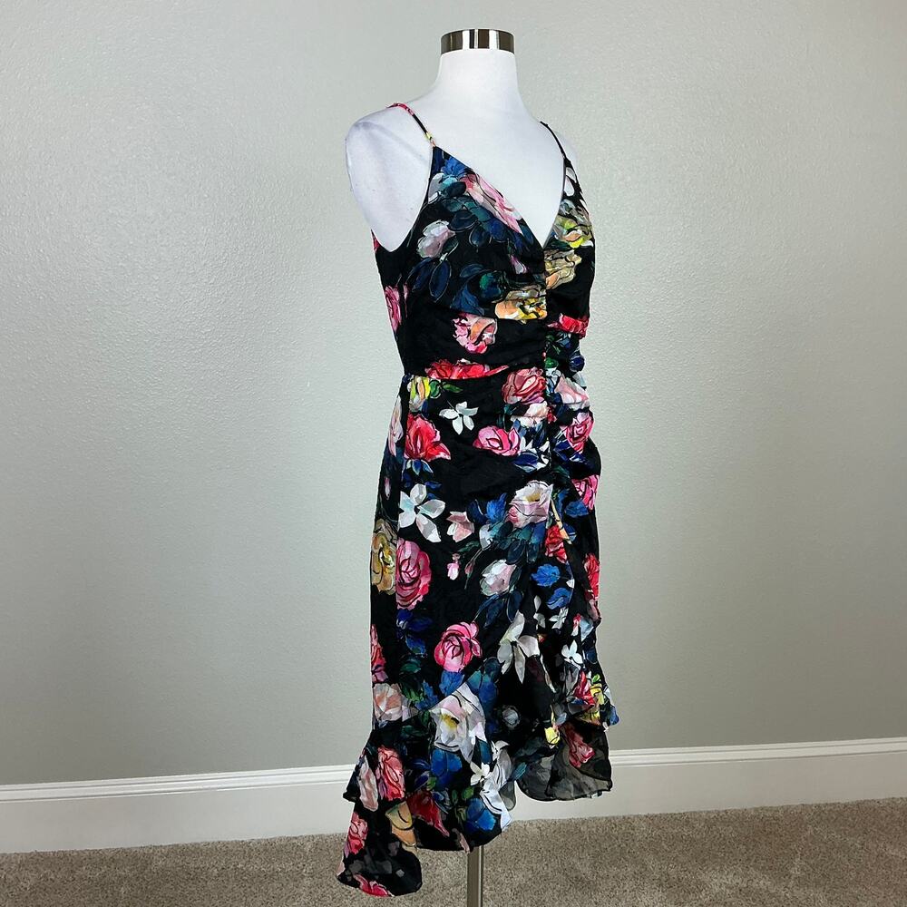 Aidan Mattox Floral Print Ruched High-Low Sleeveless Cocktail Dress Black Size 6 - Picture 3 of 13